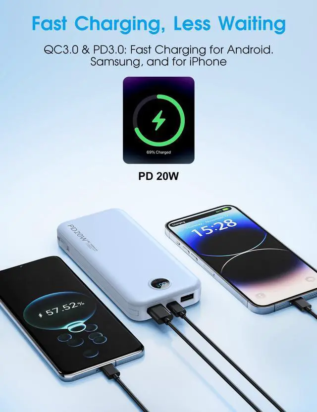 Alt view image 12 of 14 - Portable Charger with Built-in Cables and Wall Plug, 10000mAh PD20W USB C Power Bank Fast Charging with LED Display, External Battery Pack Travel Essentials Compatible with iPhone, iPad, Samsung Blue