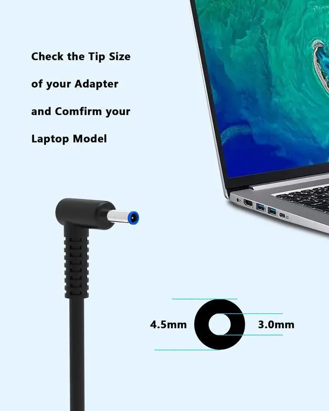 Alt view image 9 of 13 - 45W Laptop Charger Compatible with HP 15 17-4.5 * 3.0mm Blue Tip Power Supply Cord