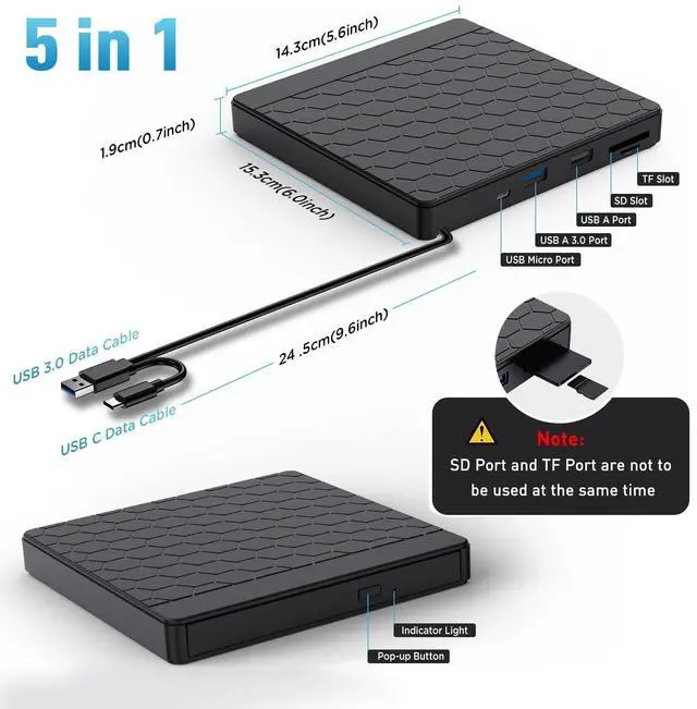 Alt view image 12 of 14 - External CD/DVD Drive for Laptop, CD Burner with 2 USB Ports &TF/SD Card Slots, DVD Player for Laptop, USB 3.0 DVD Drive External CD Reader Compatible with Laptop Desktop PC Windows 11/10/8.1/7 Mac