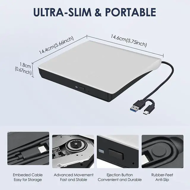 Alt view image 12 of 12 - External CD/DVD Drive for Laptop, Type-C CD/DVD Player USB 3.0 Portable Burner Writer Reader Compatible with Mac MacBook Pro/Air iMac Desktop Windows 7/8/10/XP/Vista(White)