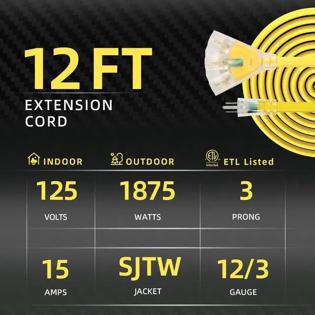 Alt view image 9 of 14 - 12FT 12 Gauge Heavy Duty Outdoor Extension Cord Waterproof with 3 Outlets Splitter & Lighted End, SJTW 15A 1875W 3 Prong Weatherproof Electric Cable Multi-Plug 3 way Power Cord, ETL Listed for Outside