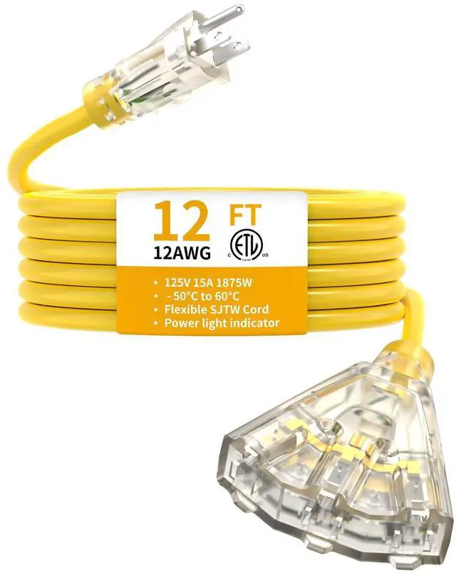 Alt view image 8 of 14 - 12FT 12 Gauge Heavy Duty Outdoor Extension Cord Waterproof with 3 Outlets Splitter & Lighted End, SJTW 15A 1875W 3 Prong Weatherproof Electric Cable Multi-Plug 3 way Power Cord, ETL Listed for Outside