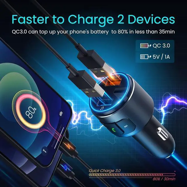 Alt view image 9 of 14 - Upgraded V5.3 FM Bluetooth Transmitter, Bluetooth Car Adapter QC3.0 & LED Backlit Wireless FM Radio Adapter Music Player/Car Kit, Siri Google Assistant