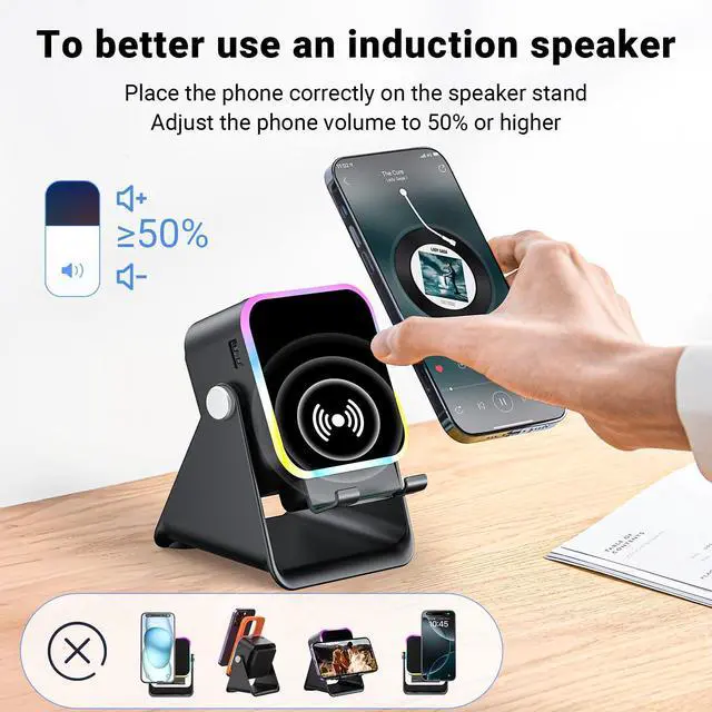 Alt view image 13 of 14 - Induction Speaker with Phone Stand 5 in 1 Wireless Induction Bluetooth Audio for iPhone Android Phone Speakers Amplifier with Rechargeable Colorful Light, Birthday Gifts for Men Women Teens (Black)