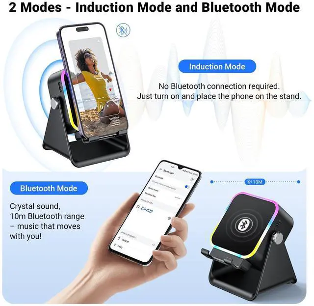 Alt view image 9 of 14 - Induction Speaker with Phone Stand 5 in 1 Wireless Induction Bluetooth Audio for iPhone Android Phone Speakers Amplifier with Rechargeable Colorful Light, Birthday Gifts for Men Women Teens (Black)