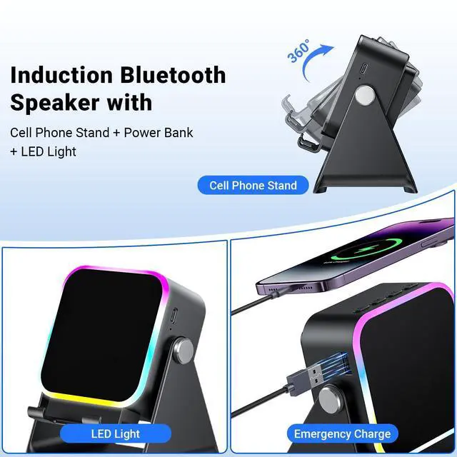 Alt view image 11 of 14 - Induction Speaker with Phone Stand 5 in 1 Wireless Induction Bluetooth Audio for iPhone Android Phone Speakers Amplifier with Rechargeable Colorful Light, Birthday Gifts for Men Women Teens (Black)