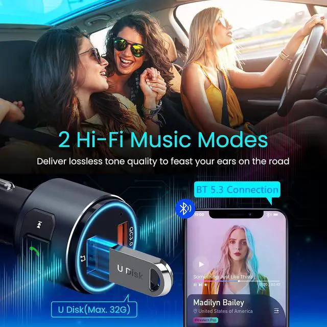 Alt view image 14 of 14 - Upgraded V5.3 FM Bluetooth Transmitter, Bluetooth Car Adapter QC3.0 & LED Backlit Wireless FM Radio Adapter Music Player/Car Kit, Siri Google Assistant
