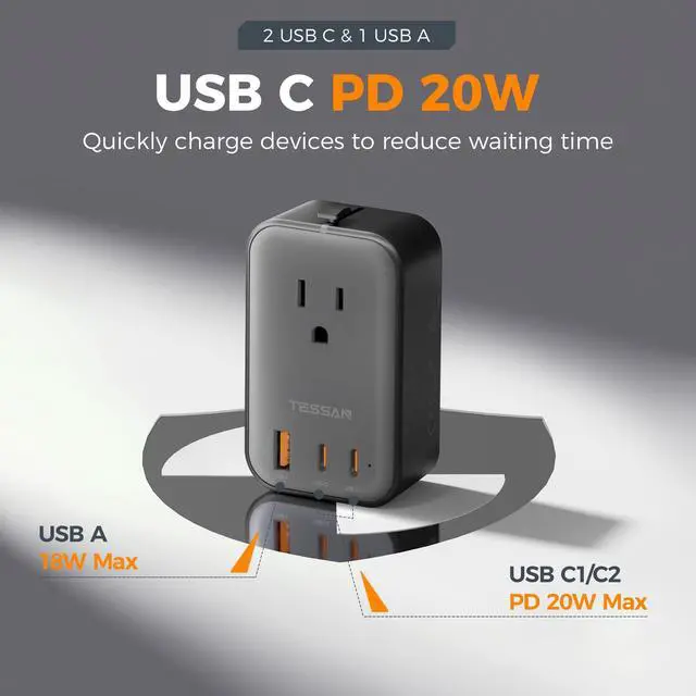 Alt view image 11 of 13 - Travel Adapter PD 20W, Universal Power Adapter 2 USB C 1 USB A, Ultra Thin International Plug Adaptor Worldwide Outlet for US to European UK Italy Spain New Zealand (Type C G A I), 1 Pack