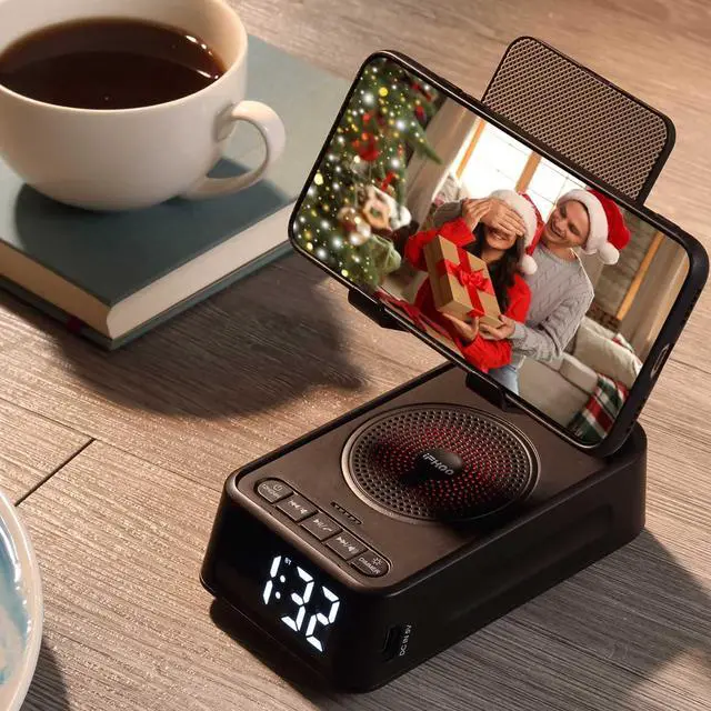 Alt view image 11 of 14 - Gifts for Men Women, Phone Stand with Bluetooth Speaker&Clock, Birthday Gifts for Him, Phone Holder with Wireless Speaker, Ideal for Dad Mom Husband Boy, Cool Tech Gadget for Men