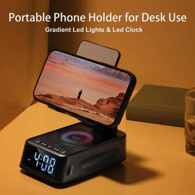 Alt view image 9 of 14 - Gifts for Men Women, Phone Stand with Bluetooth Speaker&Clock, Birthday Gifts for Him, Phone Holder with Wireless Speaker, Ideal for Dad Mom Husband Boy, Cool Tech Gadget for Men