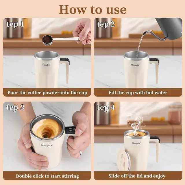 Alt view image 9 of 14 - Self Stirring Coffee Mug with Fahrenhite Temperature Display, Rechargeable Stirring Mug, Automatic Self Stirring Cup with Lid, For Coffee, Milk and Other Beverages, White