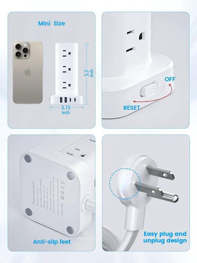 Alt view image 14 of 14 - Tower Power Strip with 15W Wireless Charger, 6FT Flat Plug Extension Cord with Multiple Outlets, 12 AC Outlets, 4 USB Ports (2 USB C) Charging Station Surge Protector for Office Home Dorm Room (White)