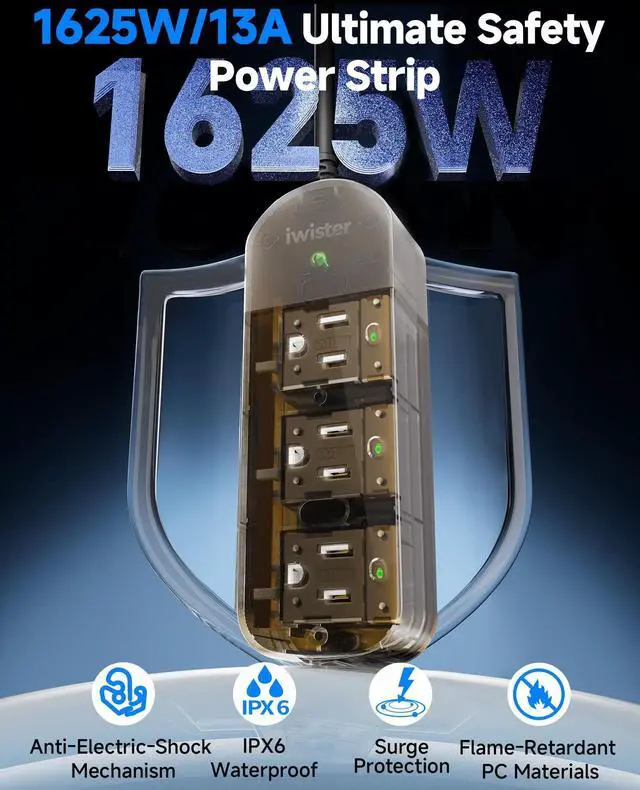 Alt view image 8 of 14 - Outdoor Power Strip, 3 AC Outlets, 5 FT, 1625W/13A High-Power Single-Device Use, with Anti-Electric Shock & IPX6 Waterproof, Ideal for Backyard, Patio, Garage, Kitchen, Workshop, Camping, RV