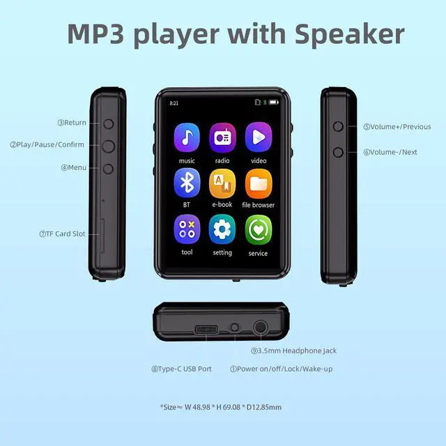 Alt view image 11 of 12 - MP3 Player with Bluetooth 5.3 Portable Music Player with Speaker,FM Radio,E-Book,Shuffle/Repeat Play,Full Touch Screen MP3 Player for Meeting,Lectures, Fitness,SD Card Slot,64GB Black