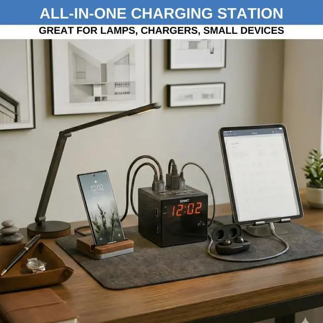 Alt view image 10 of 14 - Alarm Clock Charging Station, AM FM Radio, Dual USB Charging Ports, Dual AC Outlets, Very Loud Alarm Clock for Heavy Sleepers and The Hearing Impaired for Desk, Bedroom