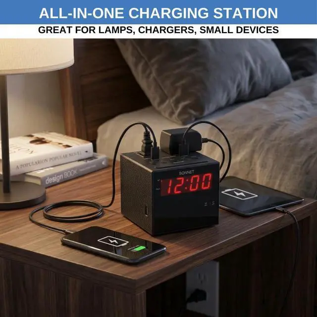 Alt view image 9 of 14 - Alarm Clock Charging Station, AM FM Radio, Dual USB Charging Ports, Dual AC Outlets, Very Loud Alarm Clock for Heavy Sleepers and The Hearing Impaired for Desk, Bedroom