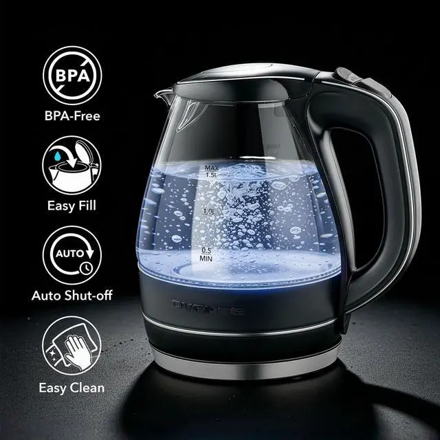 Alt view image 9 of 14 - Electric Kettle, 1.5L Borosilicate Glass Countertop Water Heater and Boiler for Coffee or Tea, BPA-Free, Auto Shut-Off, Boil-Dry Protection, Removable and Washable Spout Filter, Black KG83B