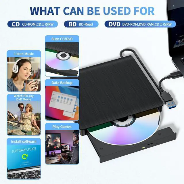 Alt view image 8 of 14 - External Blu-ray Drive, Portable Blu-ray Player & CD DVD Burner USB 3.0 & Type-C BD/DVD/CD Reader, Plug and Play, Lightweight for Windows/Mac/Linux (2 in 1)