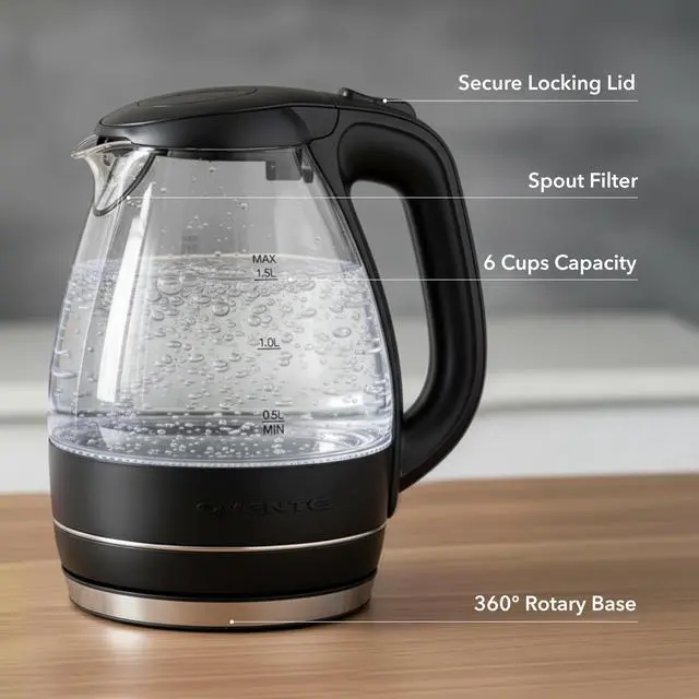 Alt view image 12 of 14 - Electric Kettle, 1.5L Borosilicate Glass Countertop Water Heater and Boiler for Coffee or Tea, BPA-Free, Auto Shut-Off, Boil-Dry Protection, Removable and Washable Spout Filter, Black KG83B