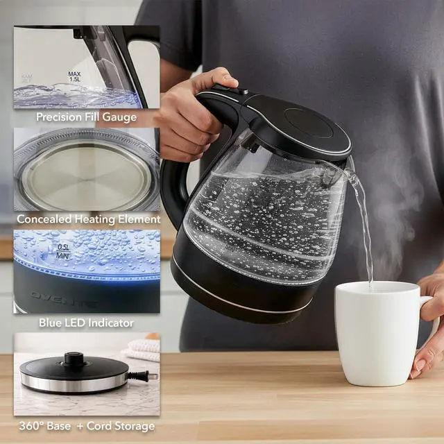 Alt view image 10 of 14 - Electric Kettle, 1.5L Borosilicate Glass Countertop Water Heater and Boiler for Coffee or Tea, BPA-Free, Auto Shut-Off, Boil-Dry Protection, Removable and Washable Spout Filter, Black KG83B