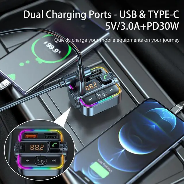 Alt view image 9 of 13 - FM Transmitter for Car Bluetooth, Upgraded PD30W USB C & QC3.0 USB Charger Bluetooth 5.3 Radio Adapter, Hands-Free Wireless Car Kit Music Player with Ambient Light, USB-Flash Playing