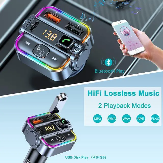 Alt view image 10 of 13 - FM Transmitter for Car Bluetooth, Upgraded PD30W USB C & QC3.0 USB Charger Bluetooth 5.3 Radio Adapter, Hands-Free Wireless Car Kit Music Player with Ambient Light, USB-Flash Playing
