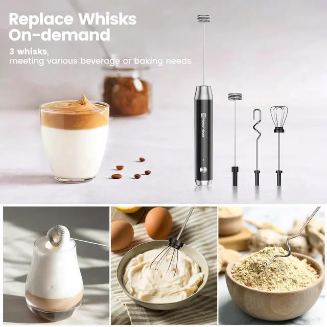 Alt view image 9 of 14 - Rechargeable Milk Frother with 3 Heads, LunaFro AS Handheld Electric Foam Maker Waterproof Detachable Stainless Steel Whisk Drink Mixer Foamer with Stand for Lattes, Cappuccino, Egg