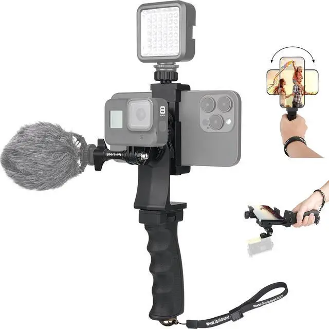 Alt view image 7 of 12 - 2in1 Ergonomic Portable Action Camera+Smartphone SYN Hand Grip Stabilizer Combo Mount Video Vlogging Rig Holder Kit for GoPro iPhone Interview Travel YouTube Tiktok Streaming-Mic+Light Adapter