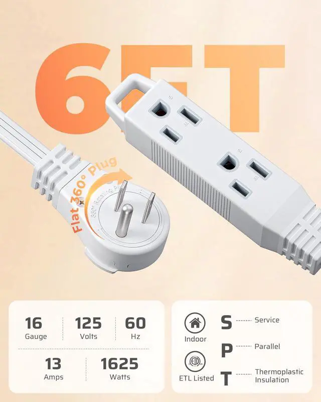 Alt view image 9 of 14 - 6FT 360° Rotating Flat Plug Extension Cord/Wire, 16AWG Multi 3 Outlet Extension Cord, 3 Prong Grounded Wire for Small Appliances, 2 Pack, White