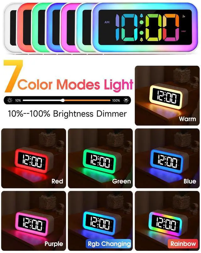 Alt view image 8 of 12 - Loud Alarm Clock for Bedrooms with Dynamic RGB Night Light,Heavy Sleepers Adults,Dual Alarm,Dimmer,USB Charger,Small Bedside Digital Clock with Led Display for Kids,Teens,Seniors (White)