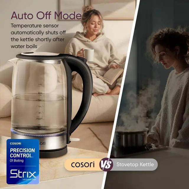 Alt view image 14 of 14 - Electric Kettle, No Plastic Contact With Water, Wide Mouth For Easy Cleaning, Auto Shut Off, 1.7L Tea Kettle & Hot Water Boiler, Water Heater & Teapot, Borosilicate Glass, Black, 1500W