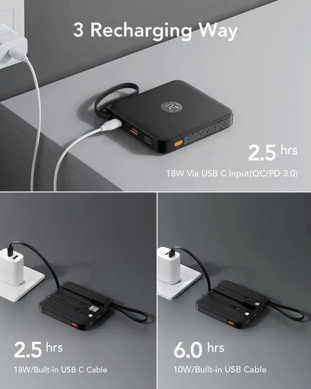 Alt view image 11 of 14 - Portable Charger with Built-in Cable, 10000mAh 22.5W Fast Charging USB C Battery Pack, Cell Phone Power Bank for iPhone 17 16 15 Series Android Tablet (Black)