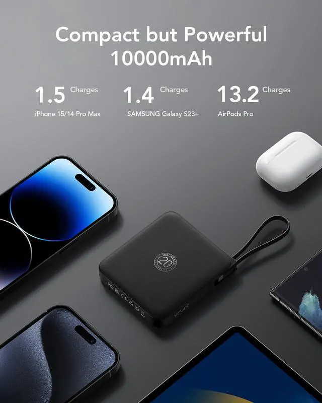Alt view image 14 of 14 - Portable Charger with Built-in Cable, 10000mAh 22.5W Fast Charging USB C Battery Pack, Cell Phone Power Bank for iPhone 17 16 15 Series Android Tablet (Black)