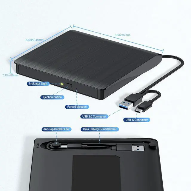 Alt view image 10 of 14 - External Blu-ray Drive, Portable Blu-ray Player & CD DVD Burner USB 3.0 & Type-C BD/DVD/CD Reader, Plug and Play, Lightweight for Windows/Mac/Linux (2 in 1)