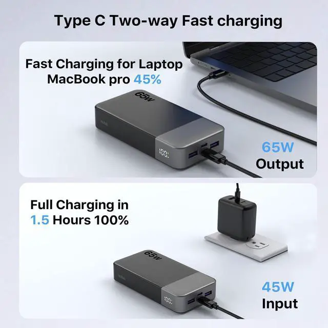 Alt view image 12 of 14 - Portable Charger, 65W 20000mAh Power Bank Fast Charging PD QC, 2 USB-C(in/Out) & 2 USB-A Battery Pack with Digital Display for Laptop Phone 17 Tablet Earbuds
