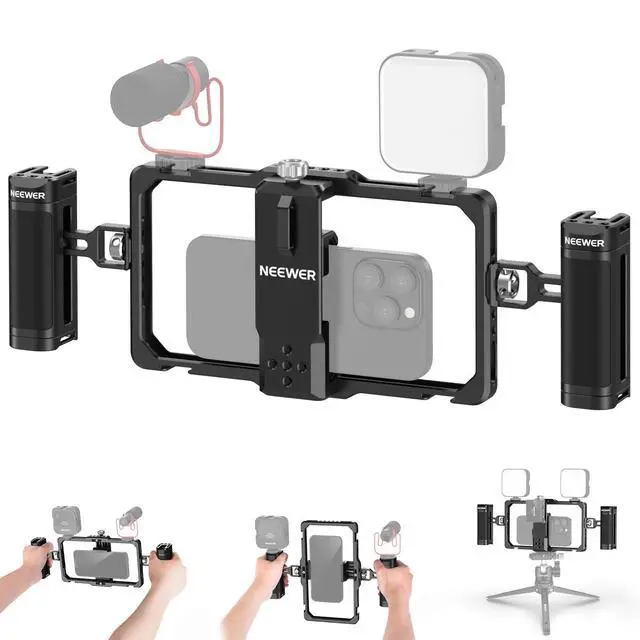 Alt view image 8 of 14 - Upgraded Phone Rig Vlogging Kit, Video Stabilizer with Dual Handle, Wireless Mic Clip Slot for TikTok YouTube, Compatible with SmallRig iPhone 17 Pro Max 16 16e 15 Galaxy S25 Ultra, PA009