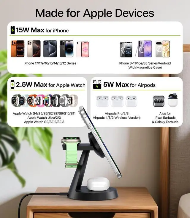 Alt view image 9 of 14 - 3 in 1 Charging Station for Apple Devices, 15W Fast Wireless Charger Compatible with MagSafe Charging Stand for iPhone 17 16 15 14 13 12 Series, Watch Charger Stand for Apple Watches & Airpods