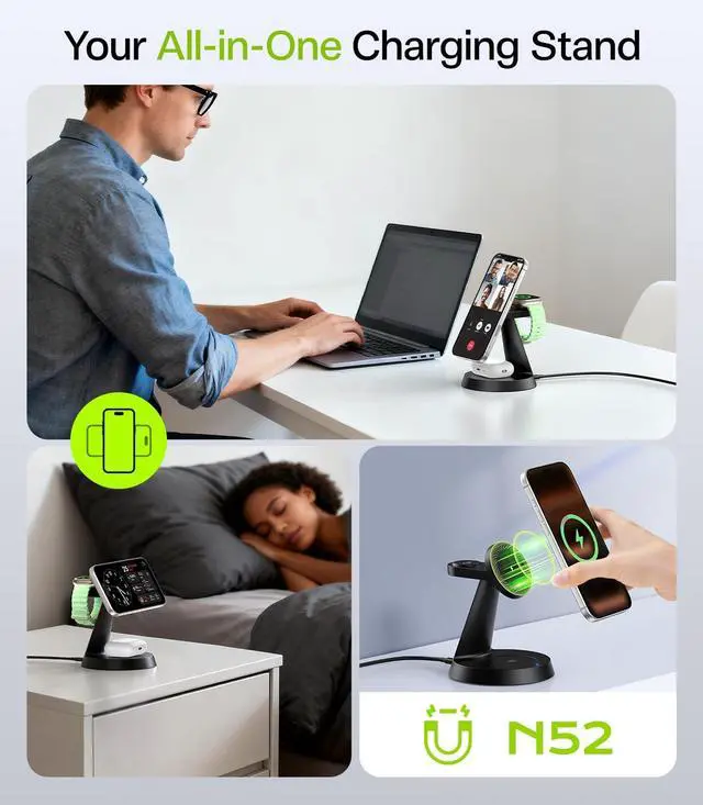 Alt view image 12 of 14 - 3 in 1 Charging Station for Apple Devices, 15W Fast Wireless Charger Compatible with MagSafe Charging Stand for iPhone 17 16 15 14 13 12 Series, Watch Charger Stand for Apple Watches & Airpods