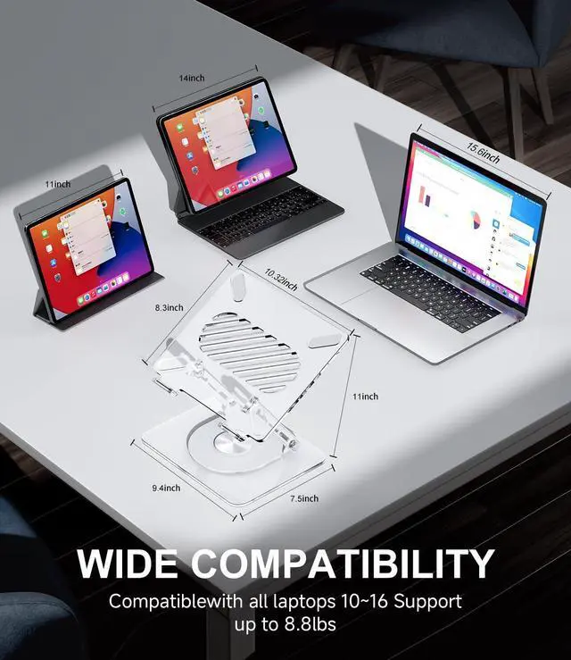 Alt view image 11 of 14 - Acrylic Laptop Stand for Desk with 360 Rotating Base Ergonimic Foldable Clear Laptop Riser Compatible with MacBook Pro/Air Notebook up to 16 Inches, Ultra Thick Acrylic Transparent
