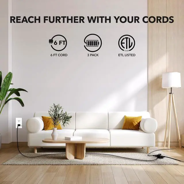 Alt view image 9 of 14 - Extension Cord, 3-Pack 6FT Black, 2 Prong Indoor Extension Cord 16/2 SPT-2, 13A, 1625 W, 3-Outlet Extension Cords for Home/Office Use