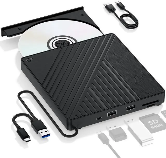 Alt view image 8 of 14 - Ultra-Portable 5-in-1 External Blu-ray Drive: USB 3.0 & USB-C DVD/CD Burner, BD Reader No BD Burning with Dual USB-A Ports & SD/TF Readers Seamless Laptop/PC Compatibility for Windows, Mac, Linux