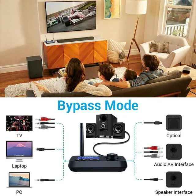 Alt view image 10 of 13 - Bluetooth Transmitter Receiver 3-in-1 Bluetooth 5.3 Audio Adapter for 2 Headphones with Bypass Volume Control ON/Off Switch LCD Display 3.5mm Aux/Optical/RCA for Home Stereo TV Speaker PC