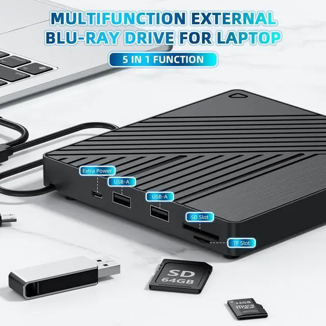 Alt view image 9 of 14 - Ultra-Portable 5-in-1 External Blu-ray Drive: USB 3.0 & USB-C DVD/CD Burner, BD Reader No BD Burning with Dual USB-A Ports & SD/TF Readers Seamless Laptop/PC Compatibility for Windows, Mac, Linux