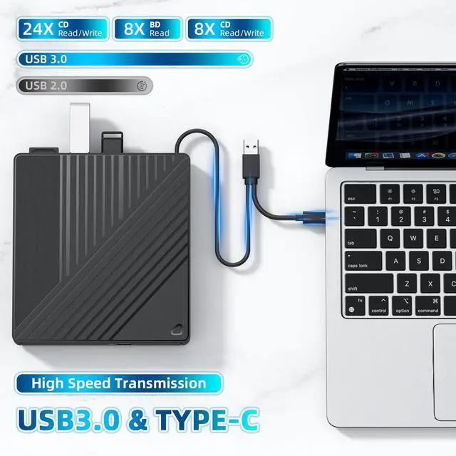 Alt view image 11 of 14 - Ultra-Portable 5-in-1 External Blu-ray Drive: USB 3.0 & USB-C DVD/CD Burner, BD Reader No BD Burning with Dual USB-A Ports & SD/TF Readers Seamless Laptop/PC Compatibility for Windows, Mac, Linux