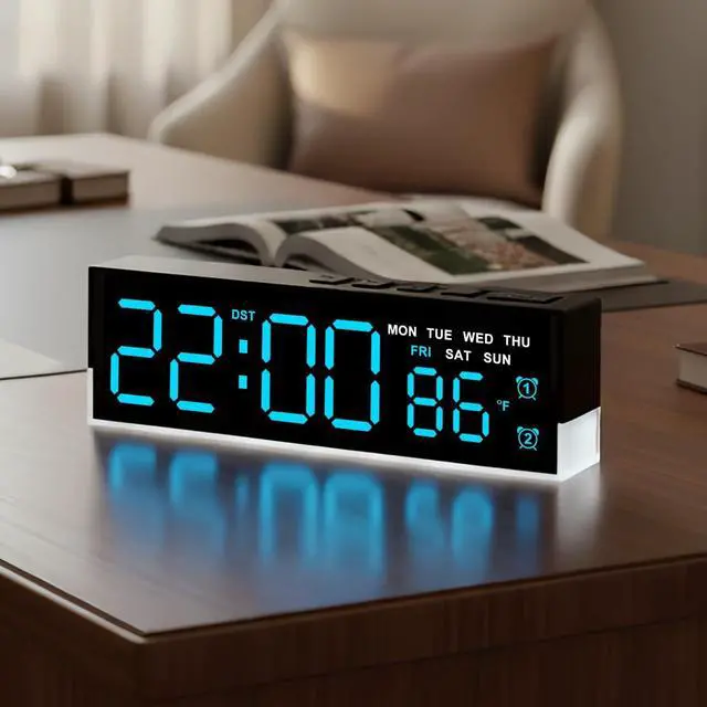 Alt view image 8 of 14 - 7 Inch Modern LED Digital Alarm Clock with Dual Alarms & Soft Bottom LightDisplays Time, Date, Day, Temperature3-Level Auto/Manual Brightness, DST, USB or Battery Powered Desk Clock,Blue