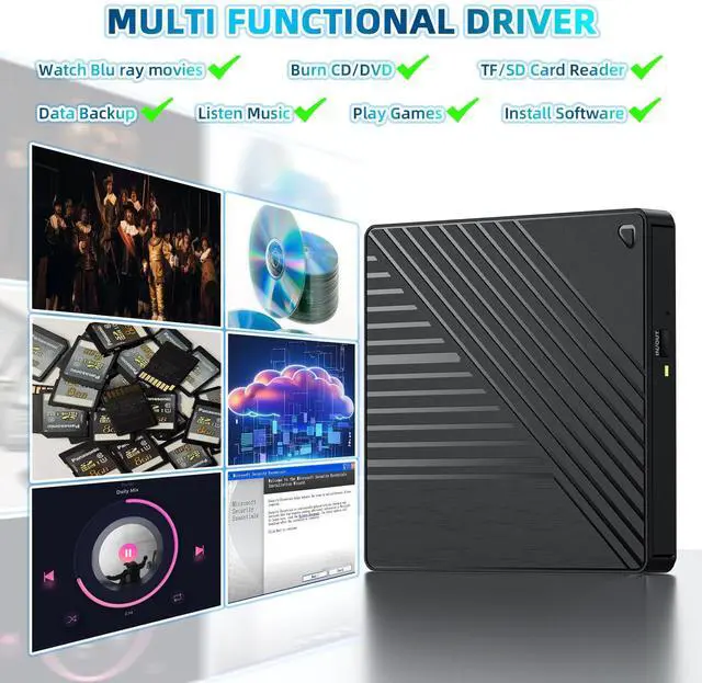 Alt view image 10 of 14 - Ultra-Portable 5-in-1 External Blu-ray Drive: USB 3.0 & USB-C DVD/CD Burner, BD Reader No BD Burning with Dual USB-A Ports & SD/TF Readers Seamless Laptop/PC Compatibility for Windows, Mac, Linux