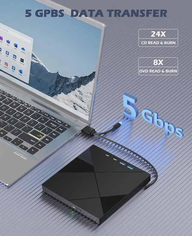 Alt view image 9 of 14 - 7 in 1 External CD/DVD Drive for Laptop, Portable DVD Player for Laptop with SD/TF Port, External DVD Drive with USB 3.0/Type C, CD Drive USB for PC Windows Linux