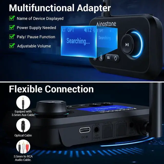 Alt view image 12 of 13 - Bluetooth Transmitter Receiver 3-in-1 Bluetooth 5.3 Audio Adapter for 2 Headphones with Bypass Volume Control ON/Off Switch LCD Display 3.5mm Aux/Optical/RCA for Home Stereo TV Speaker PC