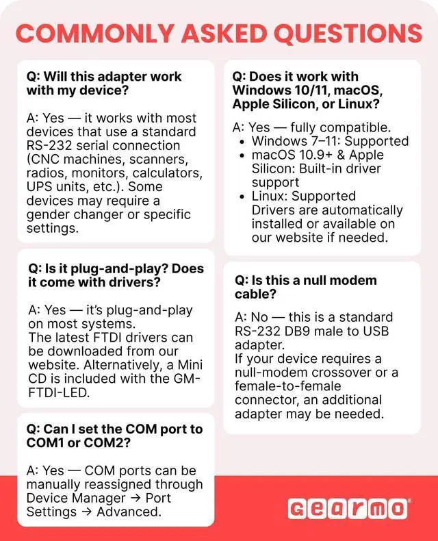 Alt view image 14 of 14 - USB to Serial RS-232 Adapter with LED Indicators, FTDI Chipset, Supports Windows 11/10/8.1/8/7, Mac OS X 10.6 and Above