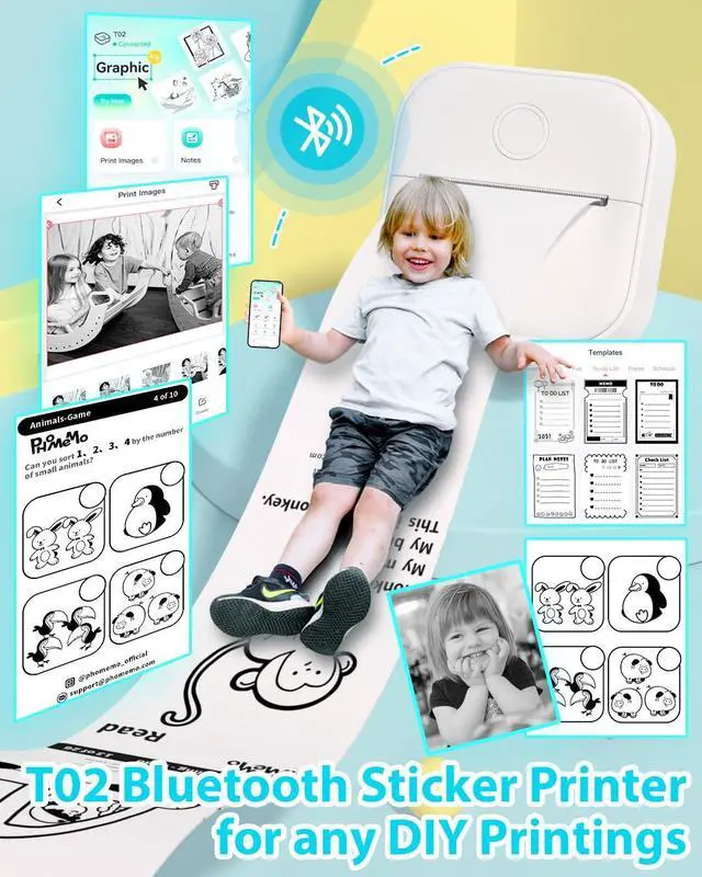 Alt view image 8 of 12 - T02 Sticker Printer- Mini Printer Sticker Maker, Print Pods Inkless Machine, Bluetooth Thermal Pocket Maker for Study Notes, Photos, DIY Printing, with 3 Rolls Paper, White